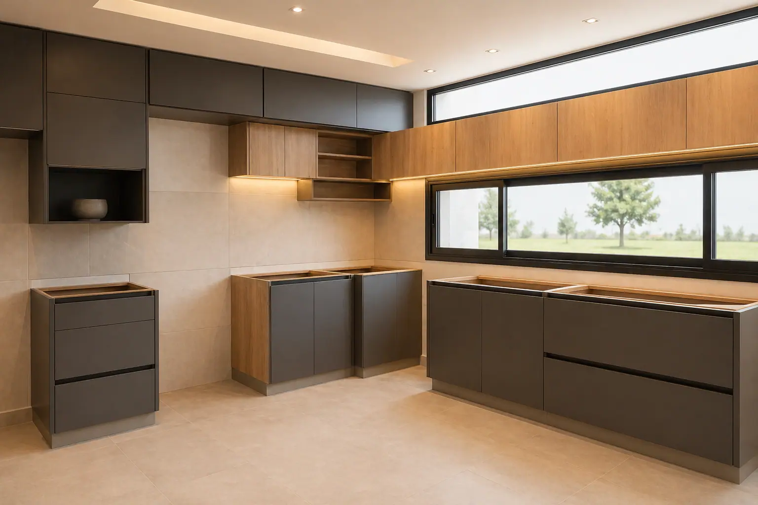 Cocina a medida en L con alacenas grafito y módulos de madera junto a un ventanal