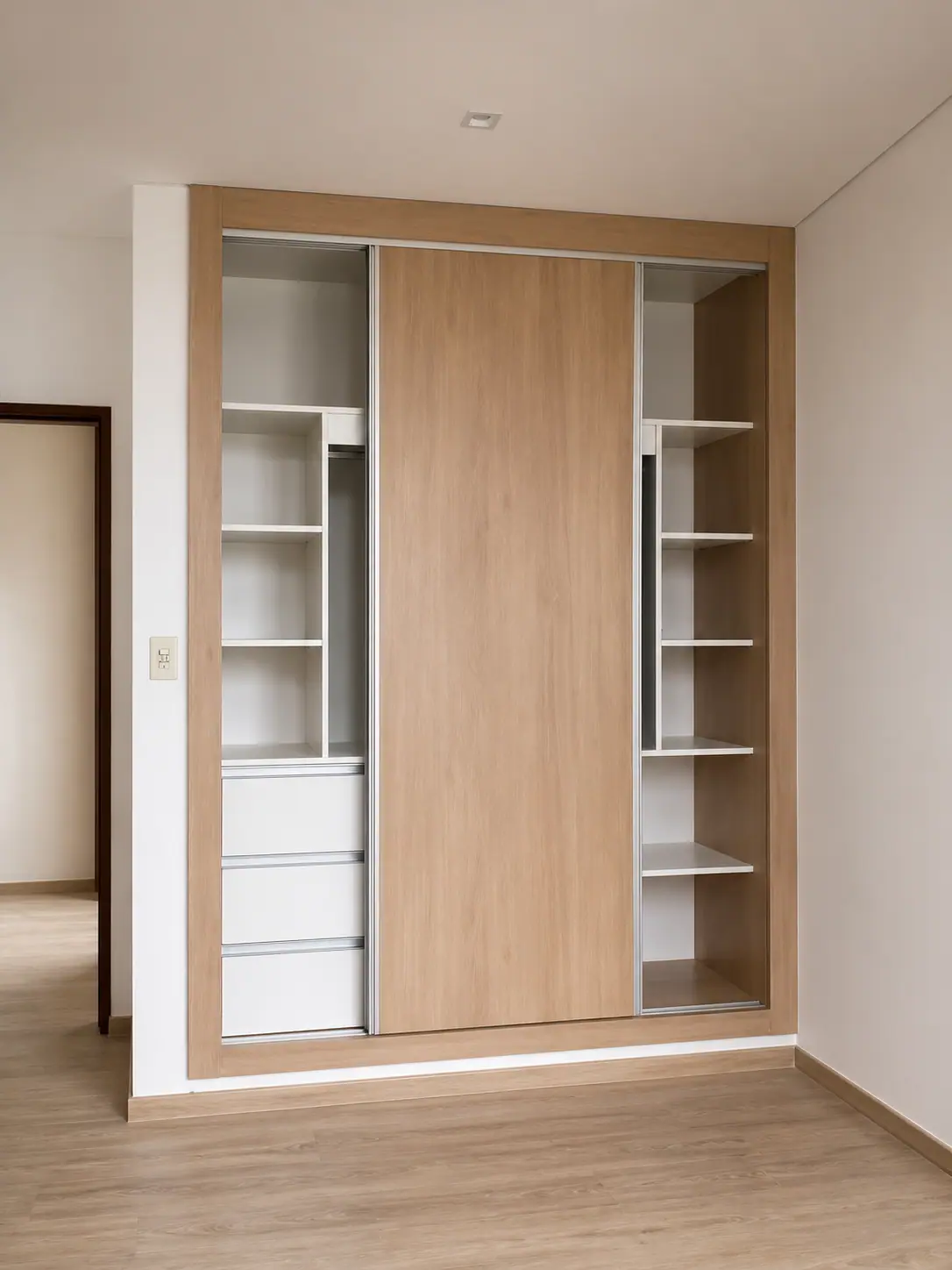Placard empotrado a medida con puertas corredizas de madera clara e interior con estantes y cajones