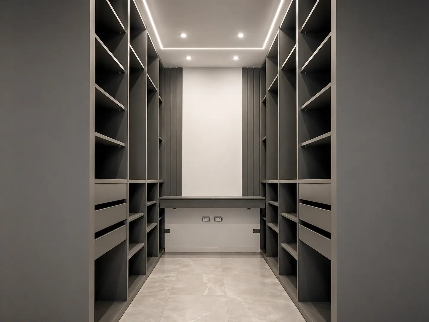 Vestidor walk-in a medida en gris grafito con estantes, zapateros inclinados y banqueta